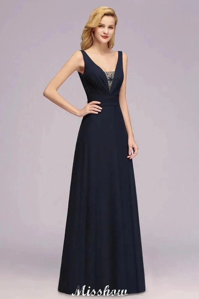 Deep V-Neck Beading A-line Bridesmaid Dress Floor Length Maid of Honor Dress - Image 4