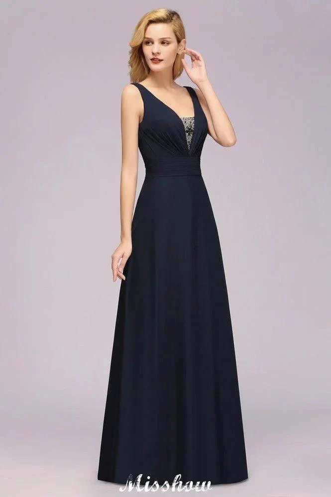 Deep V-Neck Beading A-line Bridesmaid Dress Floor Length Maid of Honor Dress - Image 5