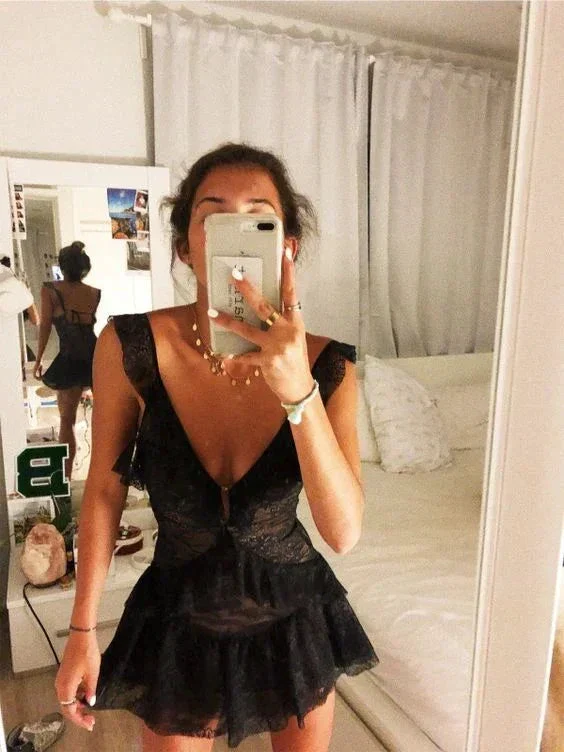 Deep V Neck Black Lace Homecoming Dress Black Party Dress Y2057 - Image 2