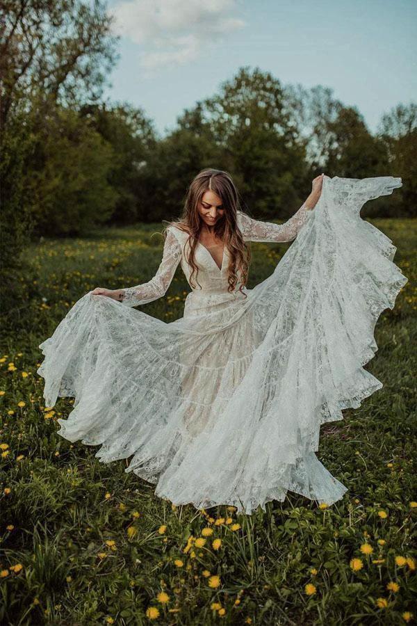 Deep V Neck Boho Wedding Dress Long Sleeve Rustic Wedding Dress  WD373 - Image 2