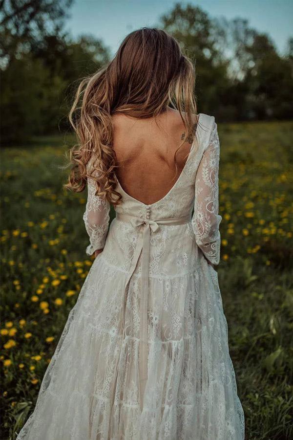 Deep V Neck Boho Wedding Dress Long Sleeve Rustic Wedding Dress  WD373 - Image 4