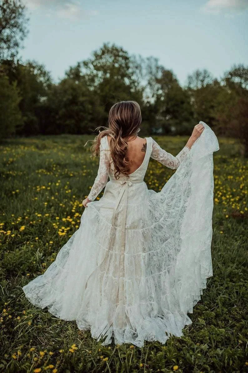 Deep V Neck Boho Wedding Dress Long Sleeve Rustic Wedding Dress  WD373 - Image 5