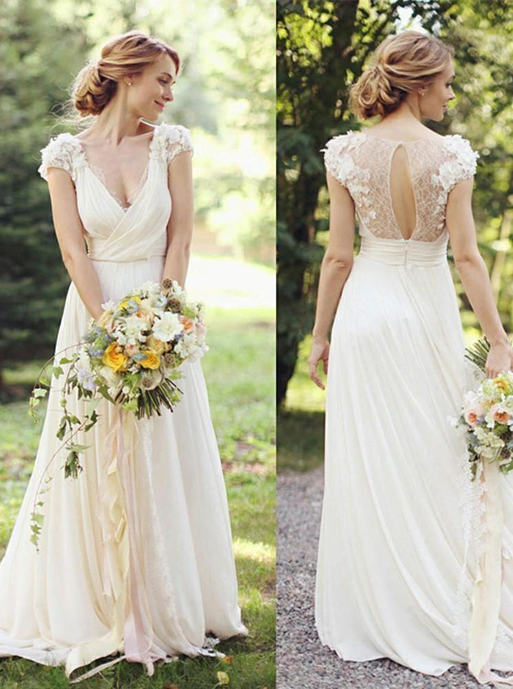 Deep V Neck Cap Sleeve Wedding Dresses Sheer Back Appliques Wedding Gown  WD366 - Image 2