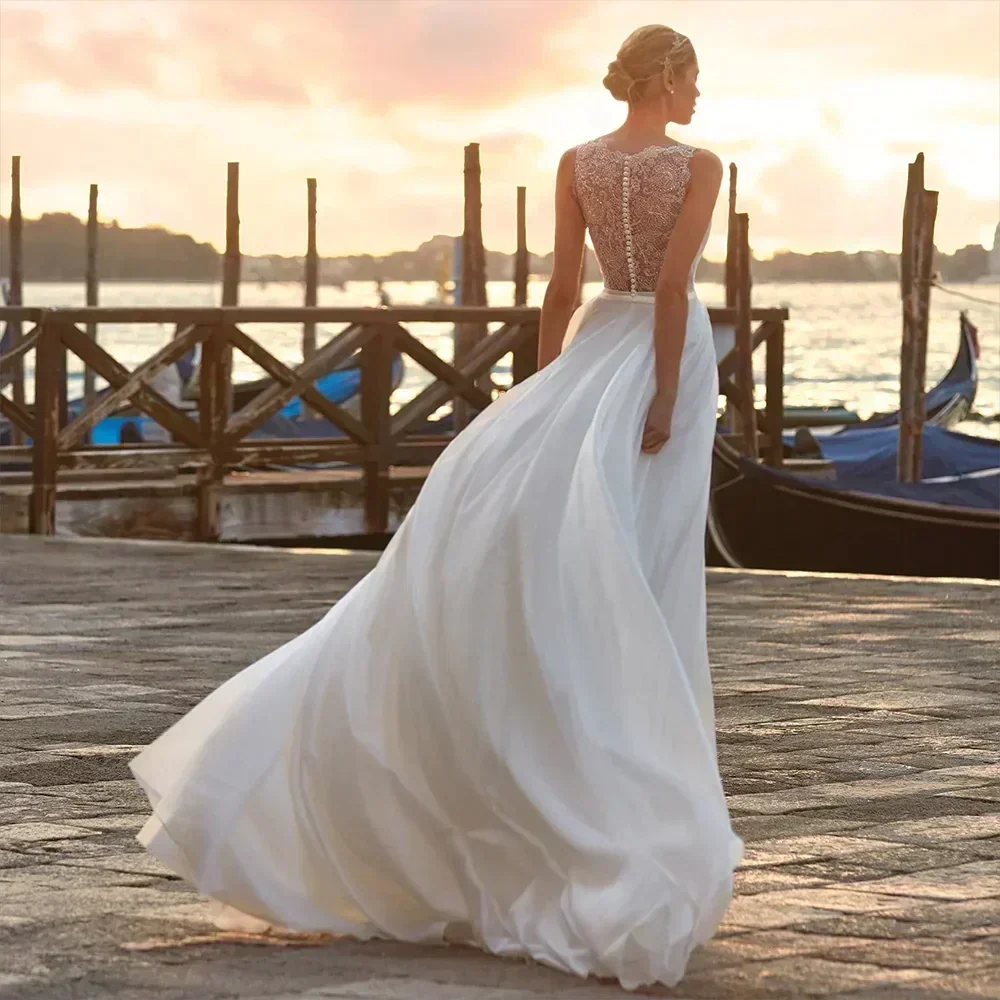 Deep V Neck Chiffon Beach Wedding Dress Elegant Illusion Back Lace Bridal Gowns White Evening Gowns Vestidos De Novia - Image 2