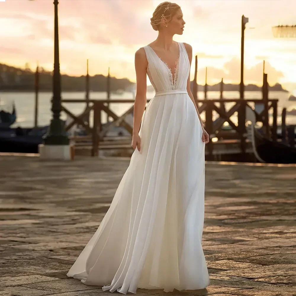 Deep V Neck Chiffon Beach Wedding Dress Elegant Illusion Back Lace Bridal Gowns White Evening Gowns Vestidos De Novia - Image 3