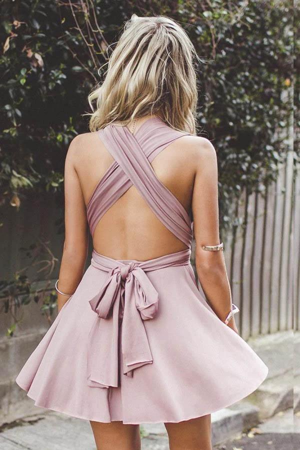 Deep V-Neck Criss-Cross Straps Short Blush Satin Homecoming Dress PG198 - Image 5