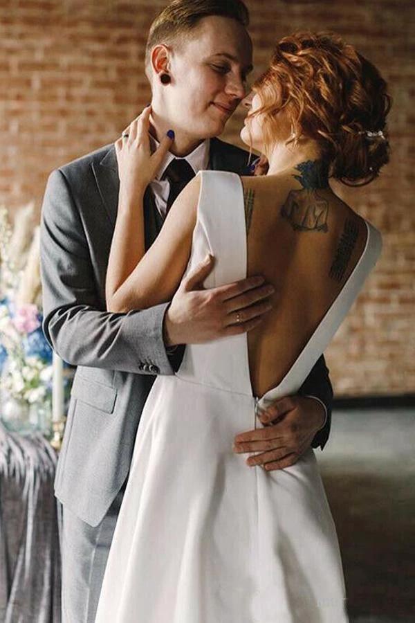 A Line V Neck Open Back Satin Long Wedding Dresses with Pockets WD005 - Image 2