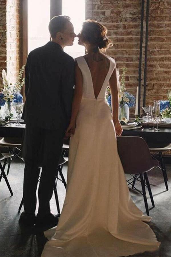 A Line V Neck Open Back Satin Long Wedding Dresses with Pockets WD005 - Image 3