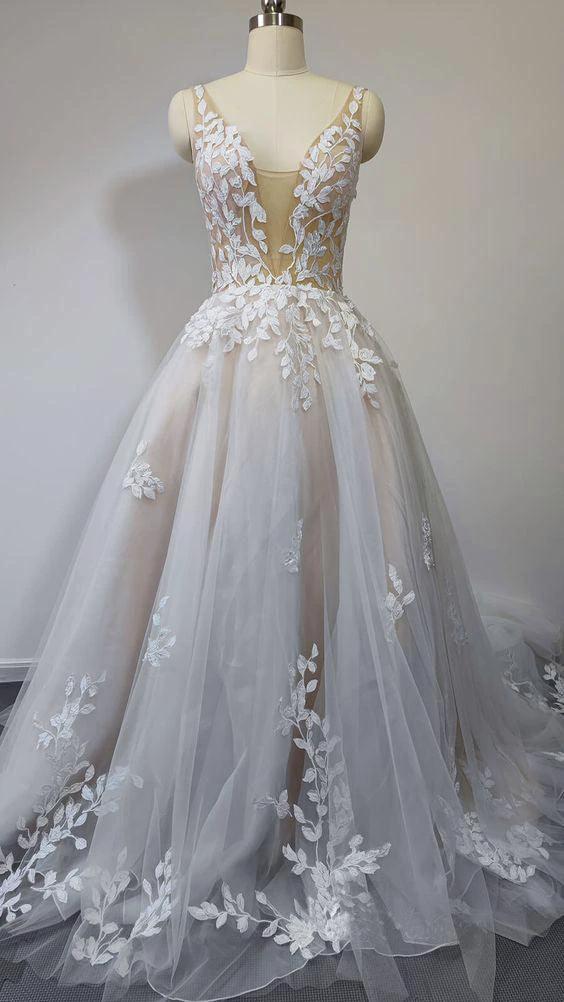 Deep V Neck Lace Wedding Dresses Romantic Bridal Gown With Train  WD593 - Image 2
