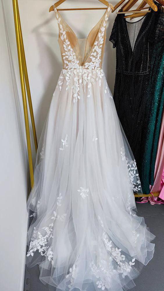 Deep V Neck Lace Wedding Dresses Romantic Bridal Gown With Train  WD593 - Image 3
