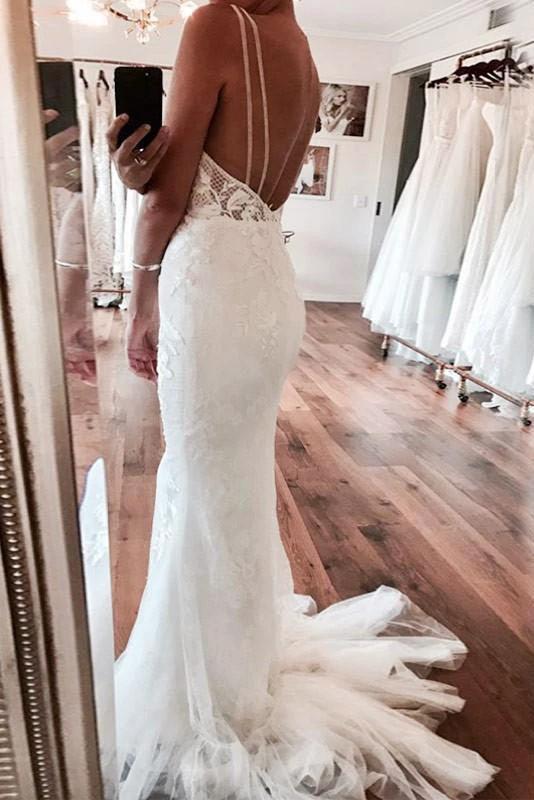 Deep V-Neck Mermaid Ivory Backless Lace Wedding Dress  WD606 - Image 2