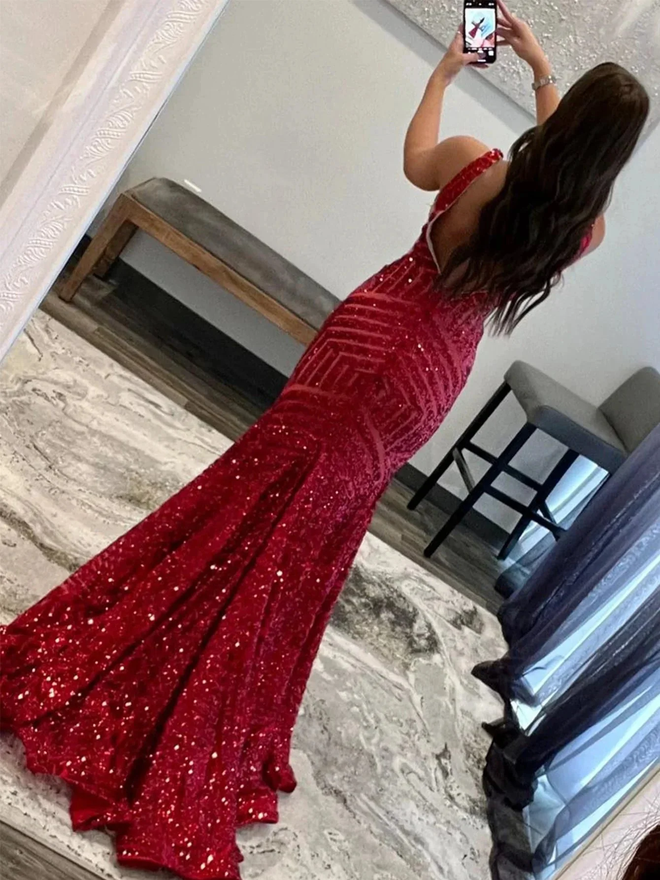 Nina |Deep V Neck Pink Sequins Mermaid Long Prom Dress - Image 15