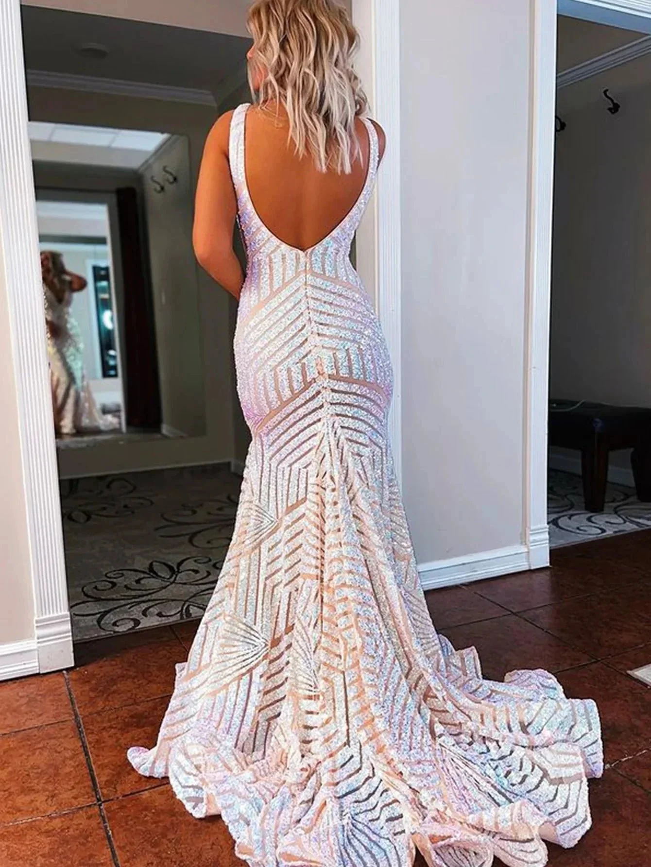 Nina |Deep V Neck Pink Sequins Mermaid Long Prom Dress - Image 23