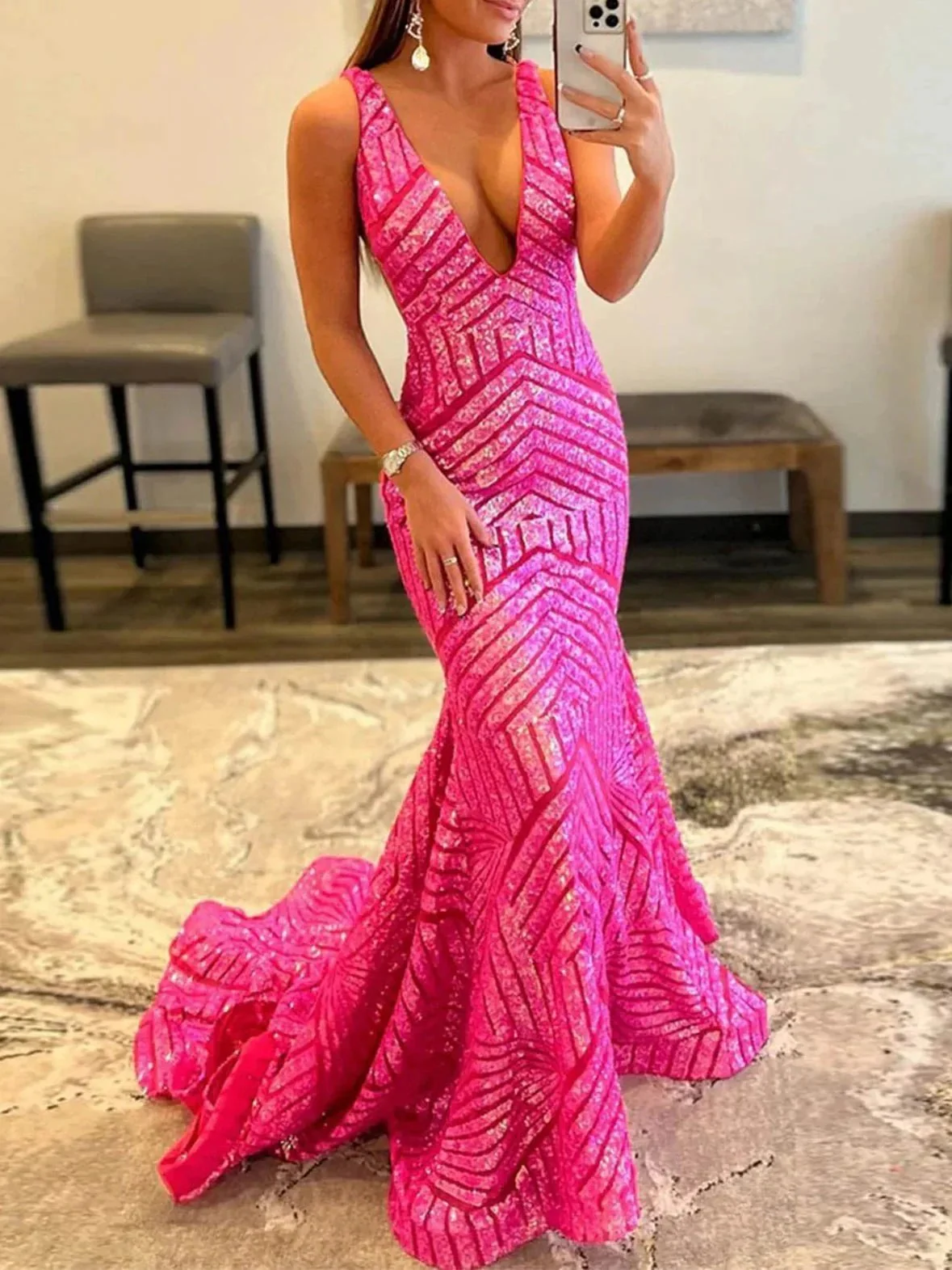 Nina |Deep V Neck Pink Sequins Mermaid Long Prom Dress - Image 5