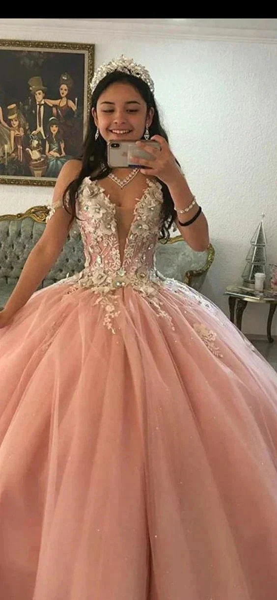 Deep V Neck Pink Tulle Ball Gown Princess Dress Y583 - Image 2