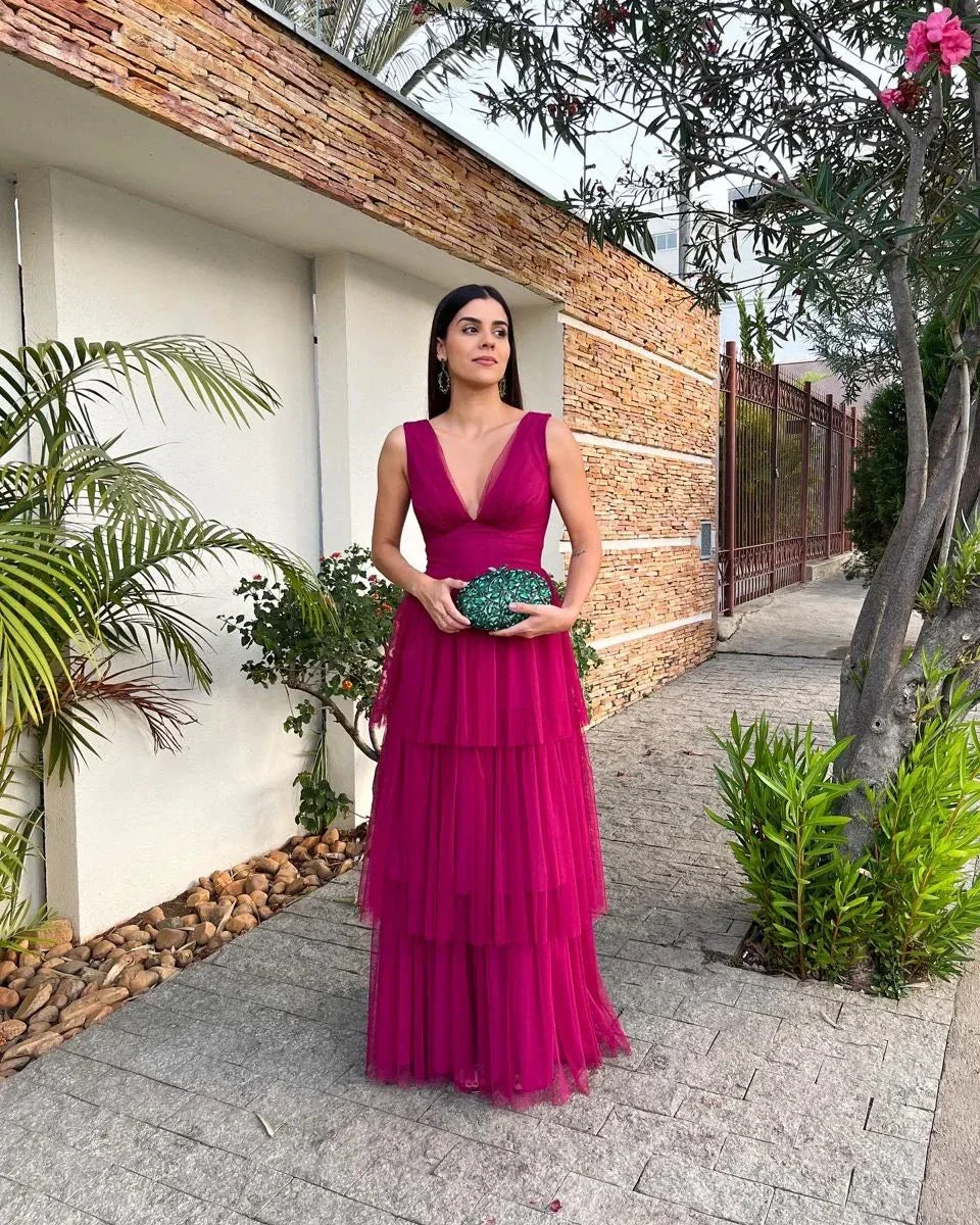 Deep V Neck Prom Dress, A Line Tiered Sleeveless Evening Dress Y3073 - Image 2
