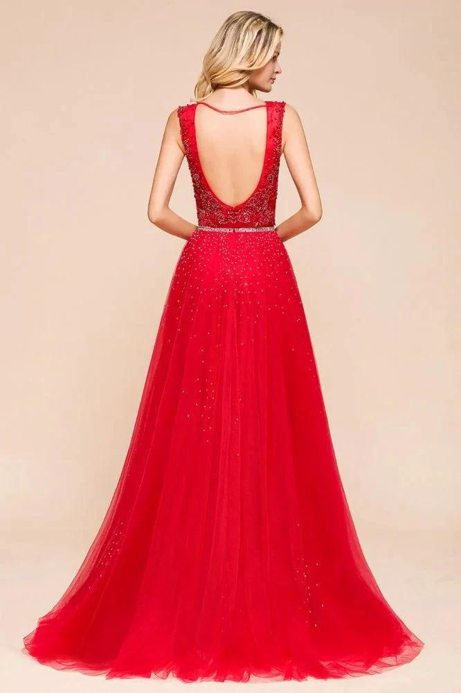 Deep V-Neck Sleeveless Lace Appliques Evening Maxi Dress A-line Chiffon Prom Dress - Image 2