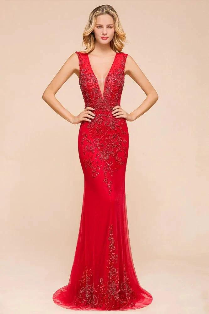 Deep V-Neck Sleeveless Lace Appliques Evening Maxi Dress A-line Chiffon Prom Dress - Image 3
