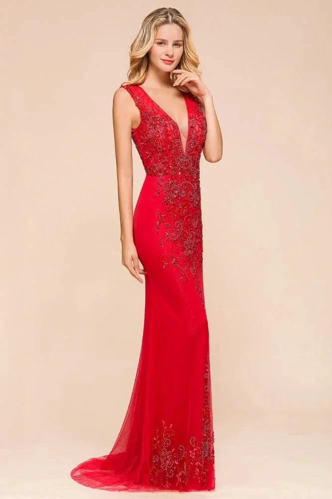 Deep V-Neck Sleeveless Lace Appliques Evening Maxi Dress A-line Chiffon Prom Dress - Image 4