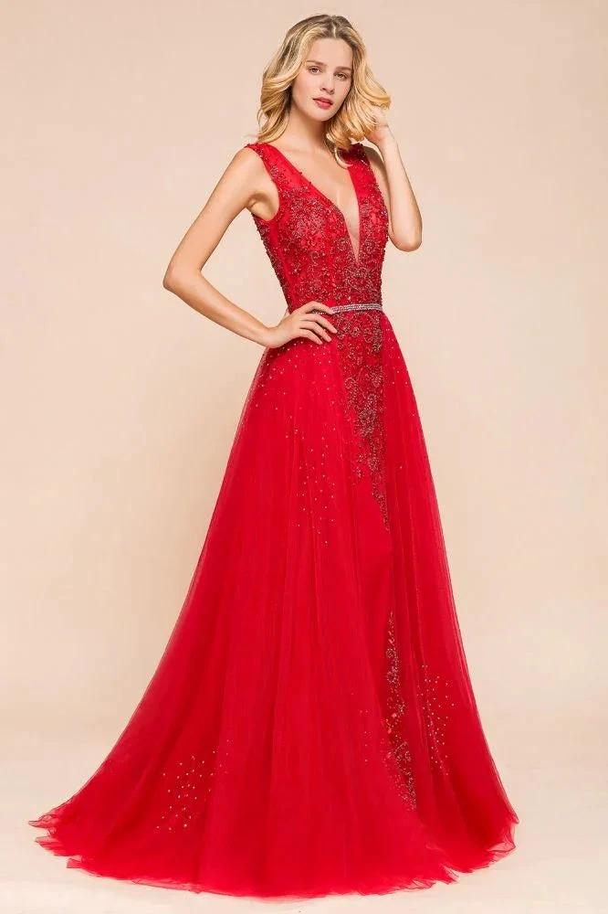 Deep V-Neck Sleeveless Lace Appliques Evening Maxi Dress A-line Chiffon Prom Dress - Image 6