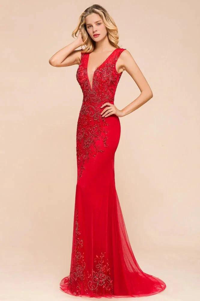 Deep V-Neck Sleeveless Lace Appliques Evening Maxi Dress A-line Chiffon Prom Dress - Image 7