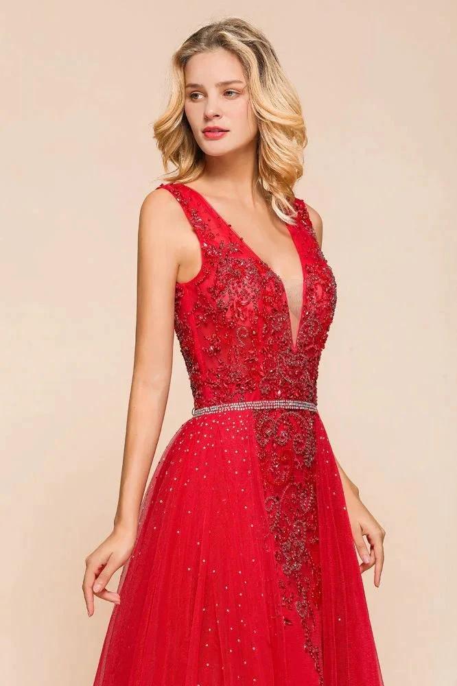 Deep V-Neck Sleeveless Lace Appliques Evening Maxi Dress A-line Chiffon Prom Dress - Image 8