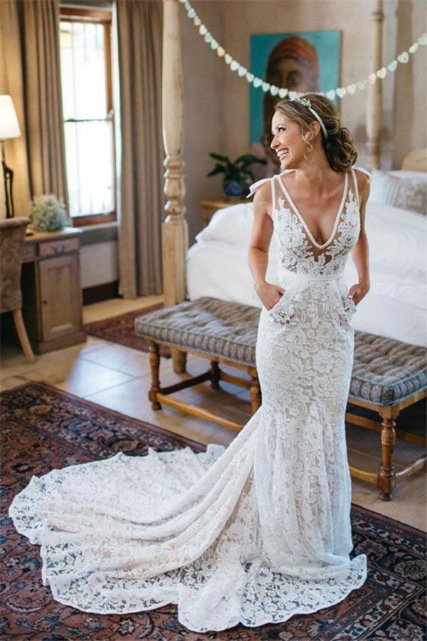 V-Neck Sleeveless Ruched Backless Lace Wedding Dress With Court Train WD141 - Image 2