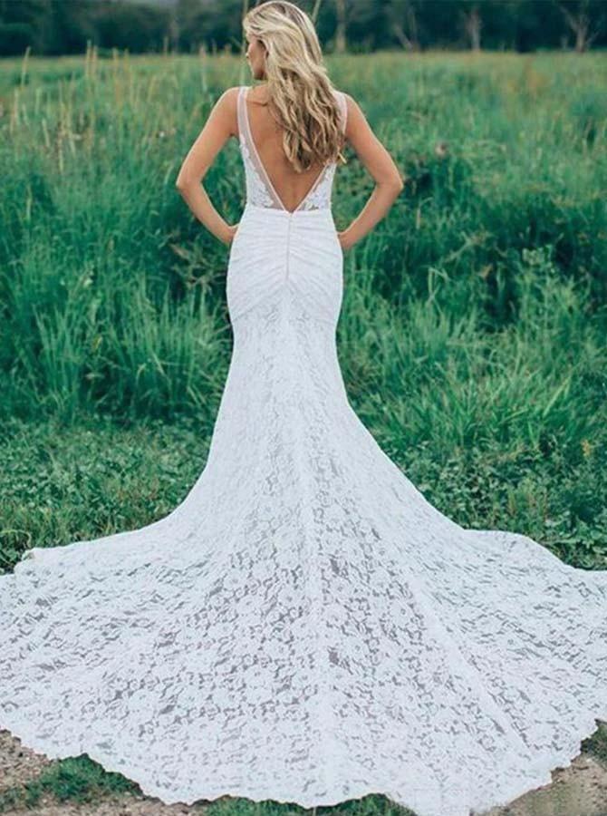 V-Neck Sleeveless Ruched Backless Lace Wedding Dress With Court Train WD141 - Image 3