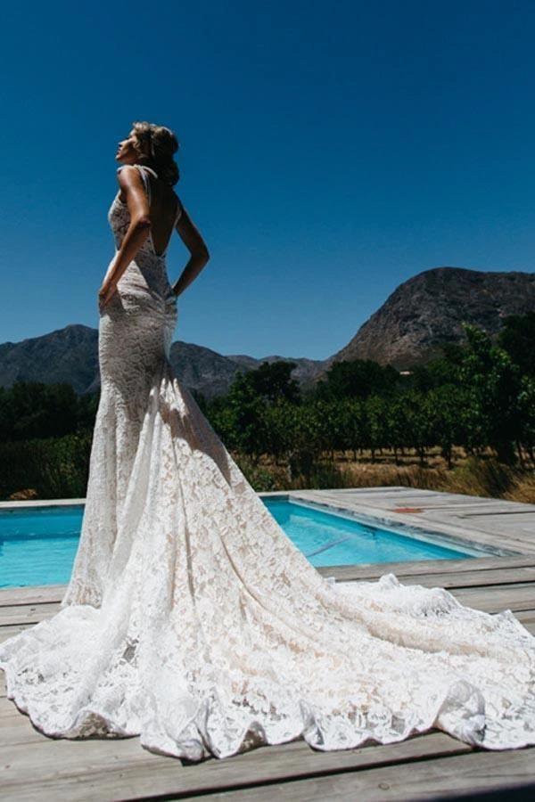 V-Neck Sleeveless Ruched Backless Lace Wedding Dress With Court Train WD141 - Image 4