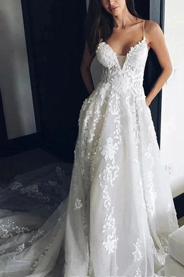 Deep V Neck Spaghetti Straps Beach Wedding Dress Bridal Gown  WD556 - Image 2