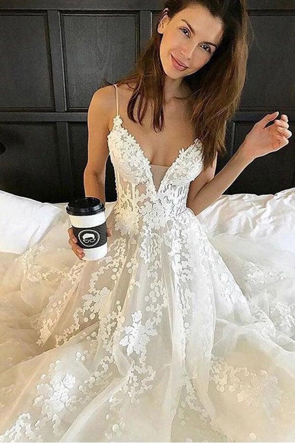 Deep V Neck Spaghetti Straps Beach Wedding Dress Bridal Gown  WD556 - Image 3