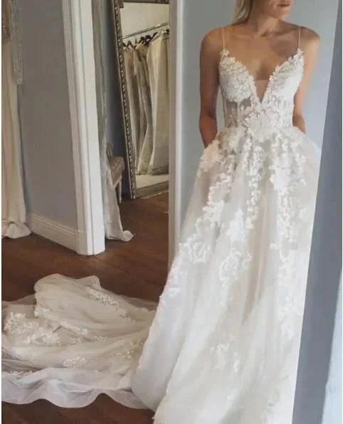 Deep V Neck Spaghetti Straps Beach Wedding Dress Bridal Gown  WD556 - Image 5