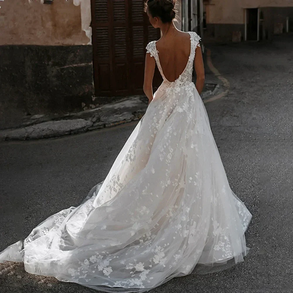 Deep V-neck Wedding Dresses Sexy Open Back Vestidos De Novia Cap Sleeve Appliques Vestido De Noiva - Image 2