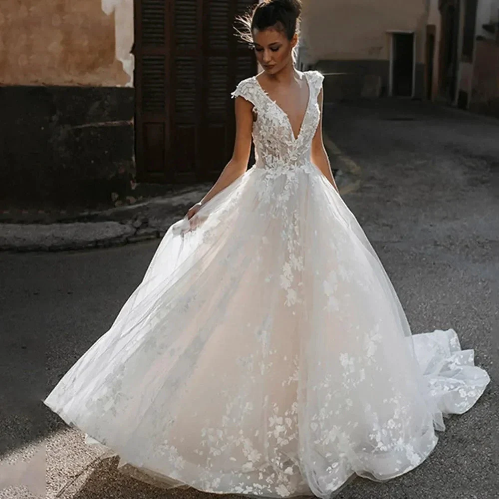 Deep V-neck Wedding Dresses Sexy Open Back Vestidos De Novia Cap Sleeve Appliques Vestido De Noiva - Image 3