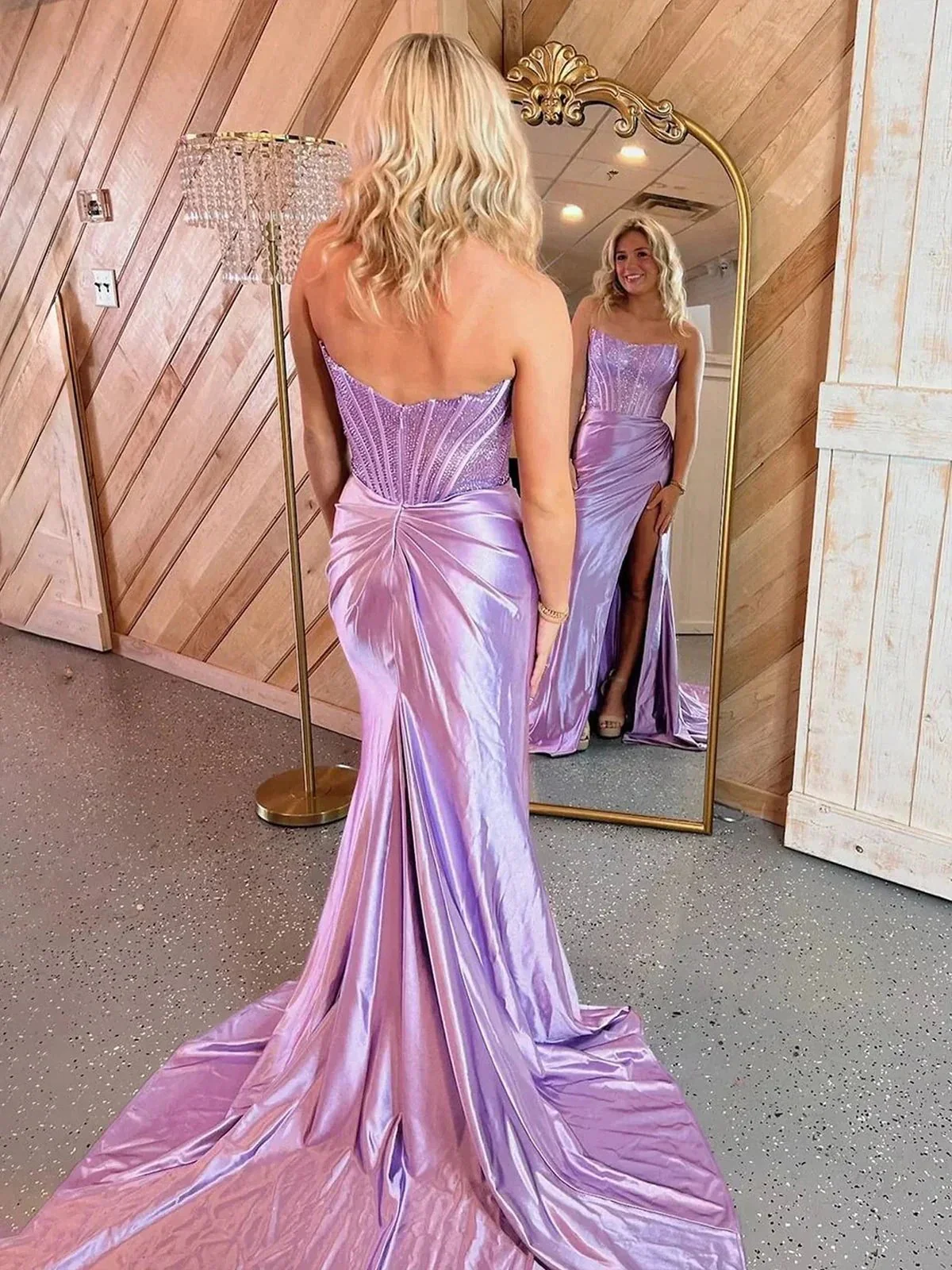 Delfina | Lilac Strapless Satin Sheath Long Prom Dresses with Slit - Image 2