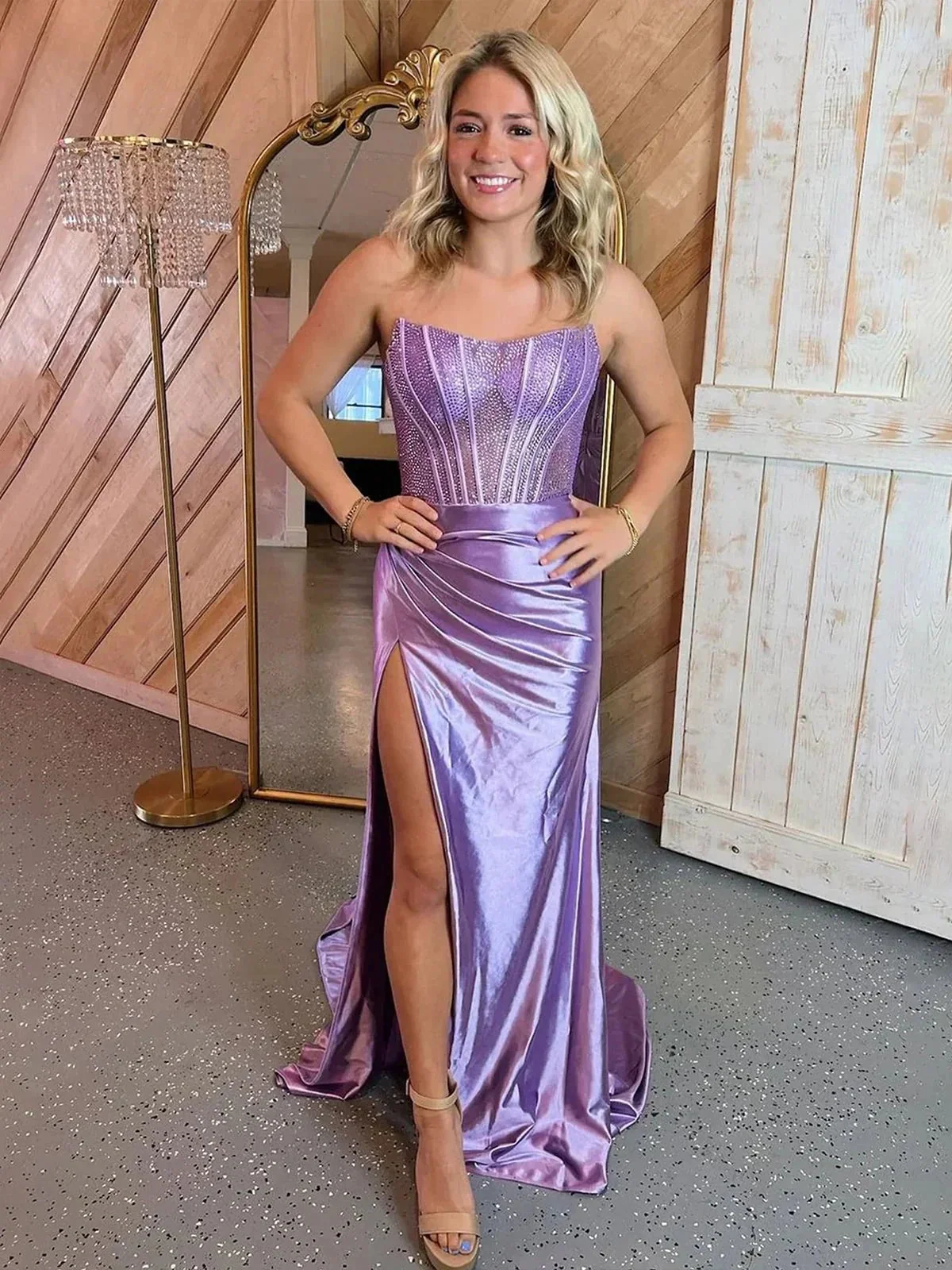 Delfina | Lilac Strapless Satin Sheath Long Prom Dresses with Slit - Image 3