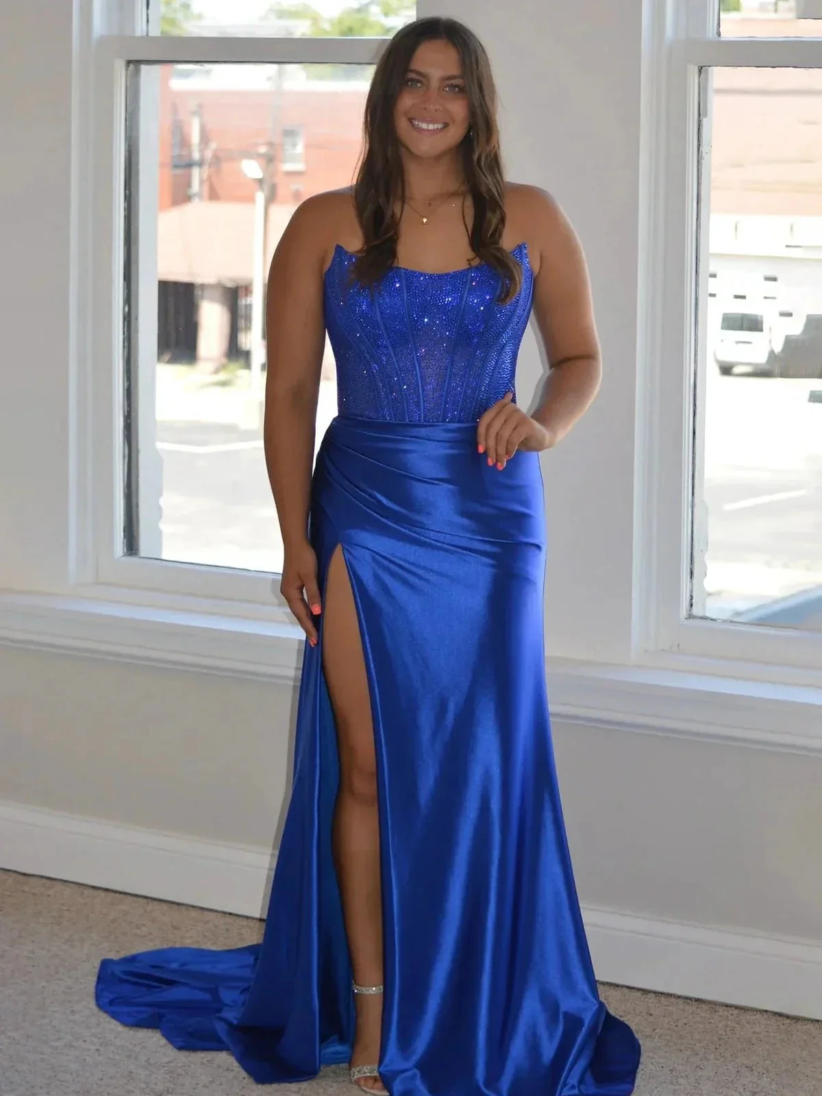 Delfina | Lilac Strapless Satin Sheath Long Prom Dresses with Slit - Image 5