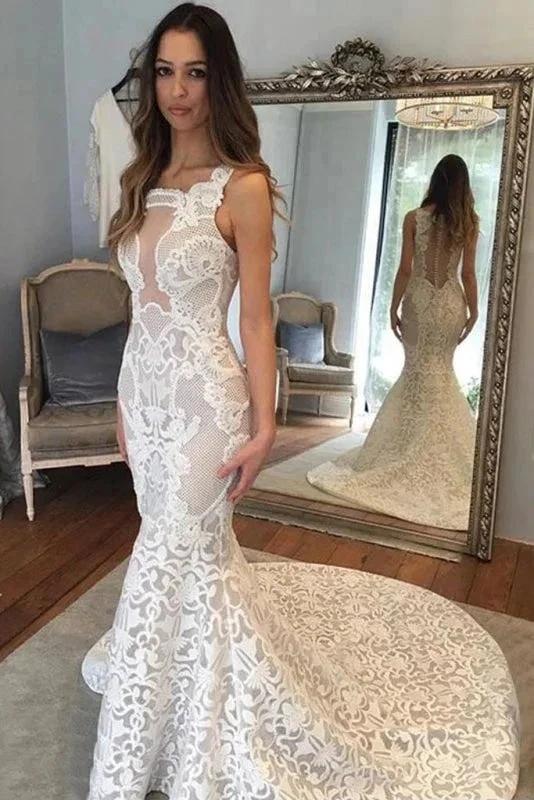 Delicate Illusion Court Train Lace Mermaid Elegant Wedding Dresses - Image 2