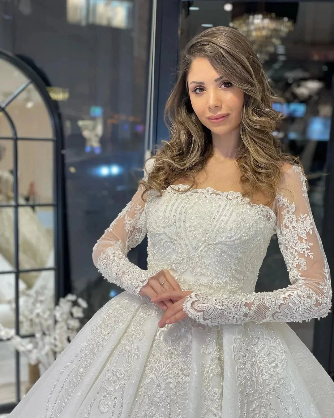 Deluxe Floor Length Long Sleeves A-Line Lace Wedding Dress with Ruffles - Image 2