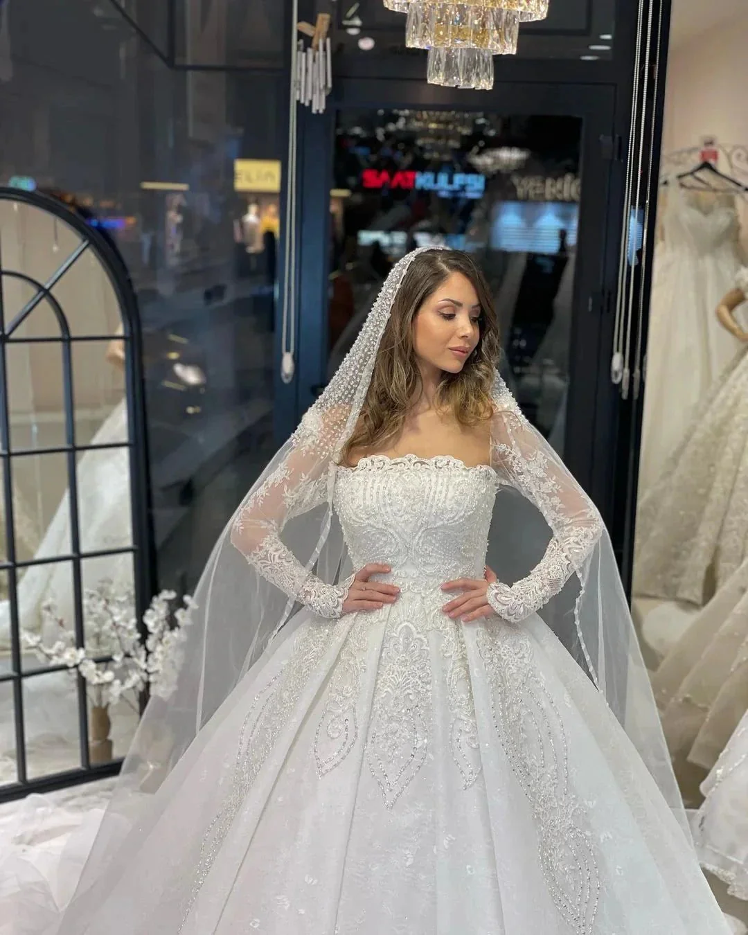 Deluxe Floor Length Long Sleeves A-Line Lace Wedding Dress with Ruffles - Image 3