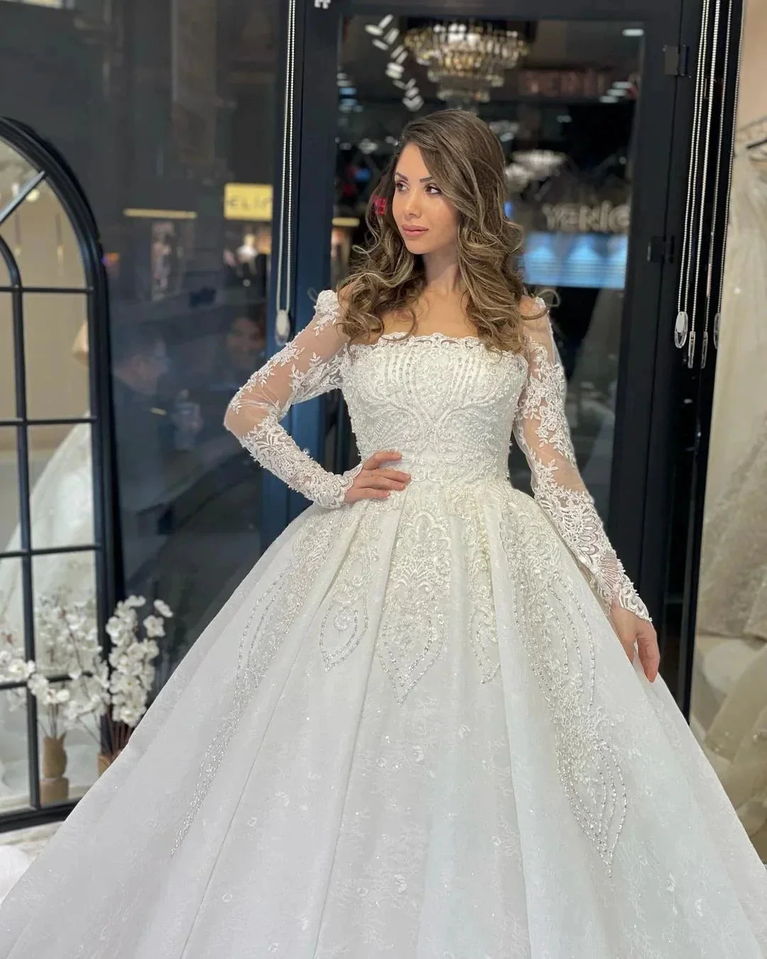 Deluxe Floor Length Long Sleeves A-Line Lace Wedding Dress with Ruffles - Image 5