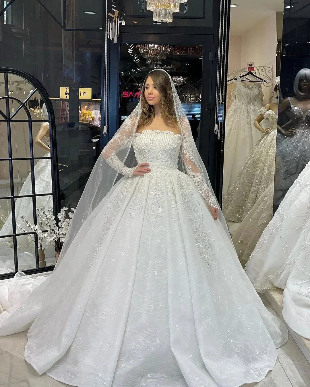 Deluxe Floor Length Long Sleeves A-Line Lace Wedding Dress with Ruffles - Image 7