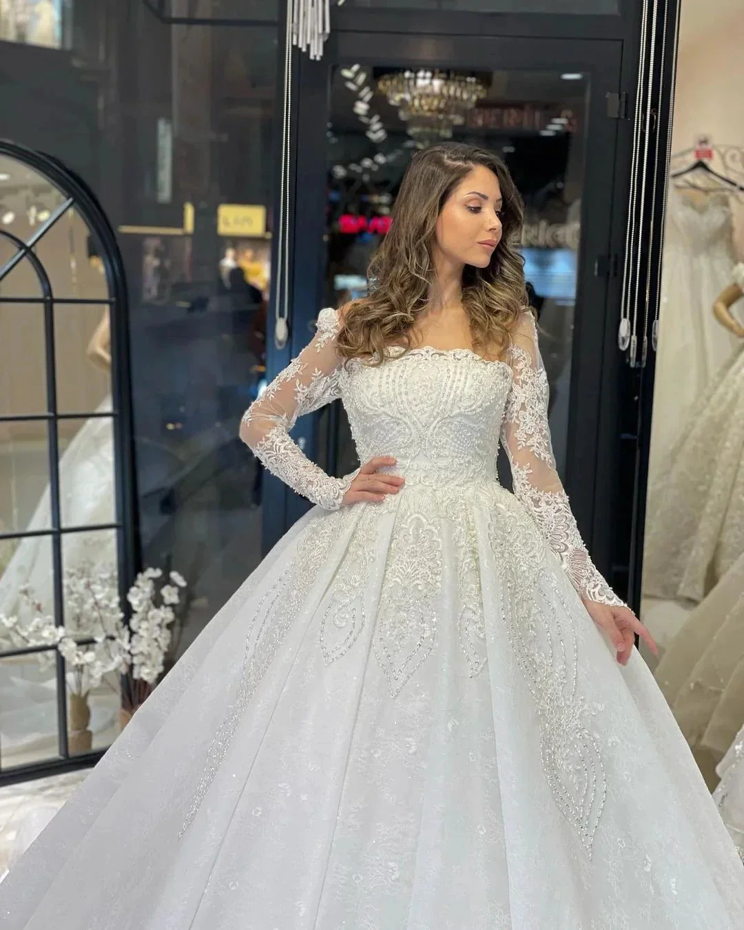 Deluxe Floor Length Long Sleeves A-Line Lace Wedding Dress with Ruffles - Image 8