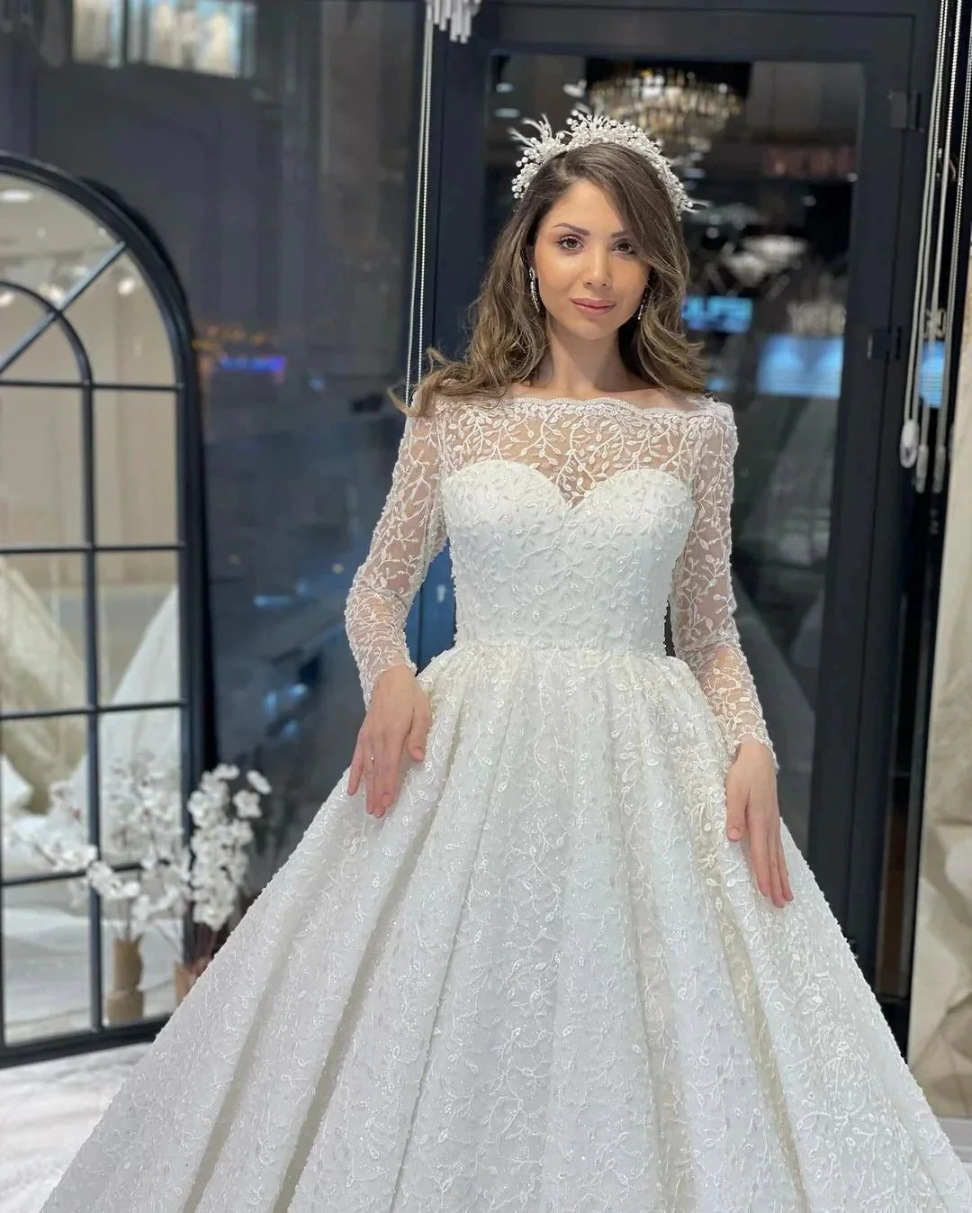 Deluxe Floor Length Long Sleeves A-Line Lace Wedding Dress with Ruffles - Image 2