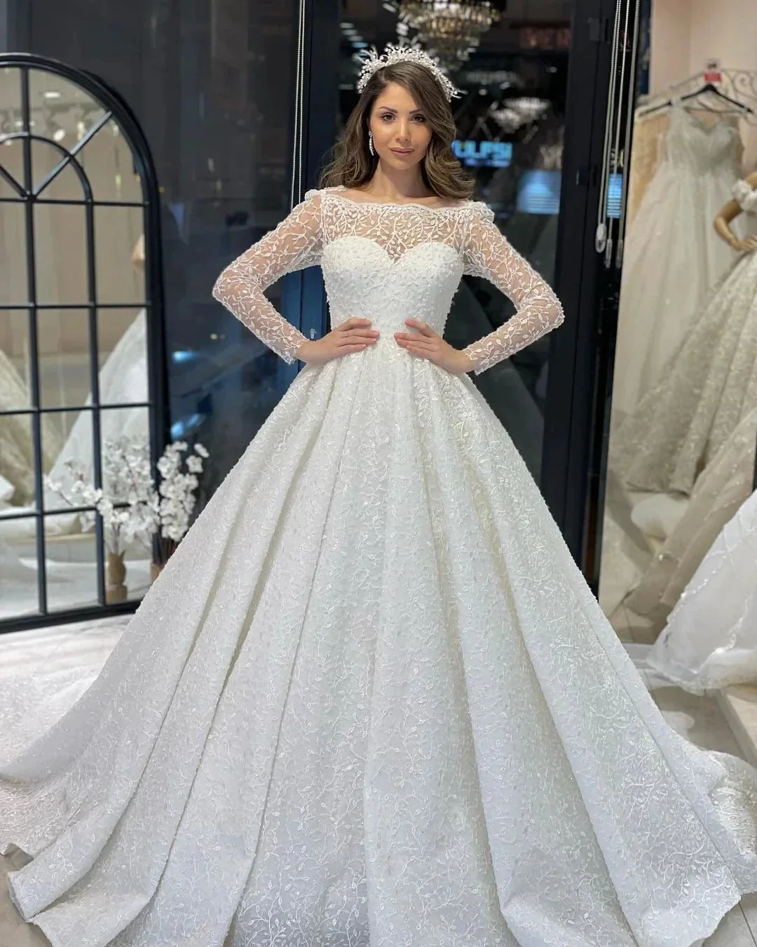 Deluxe Floor Length Long Sleeves A-Line Lace Wedding Dress with Ruffles - Image 3