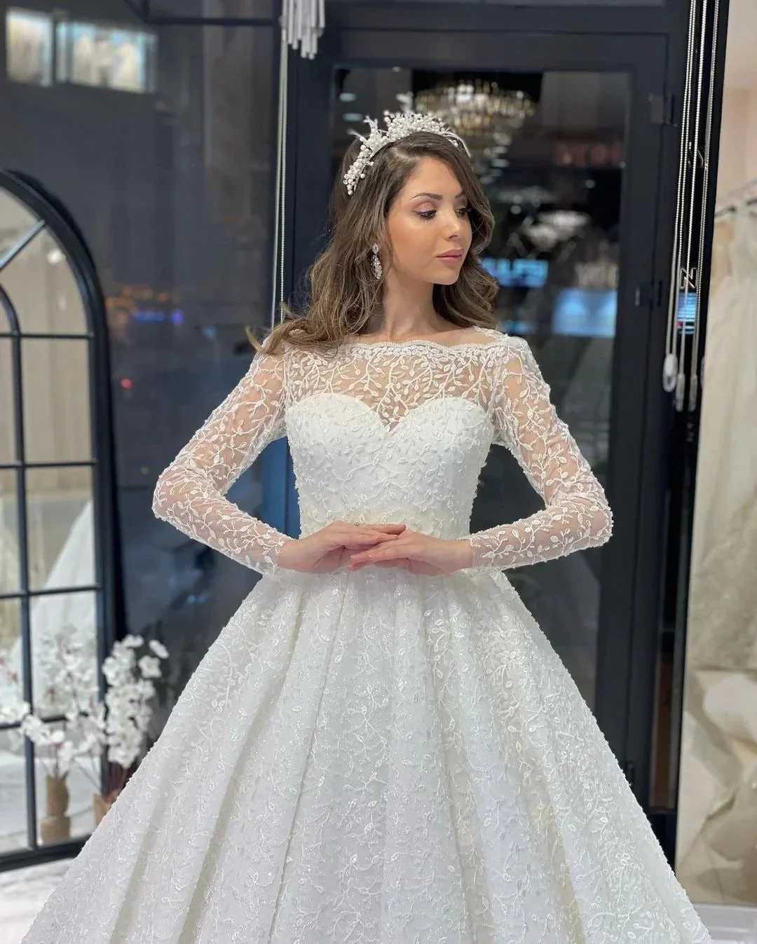 Deluxe Floor Length Long Sleeves A-Line Lace Wedding Dress with Ruffles - Image 4