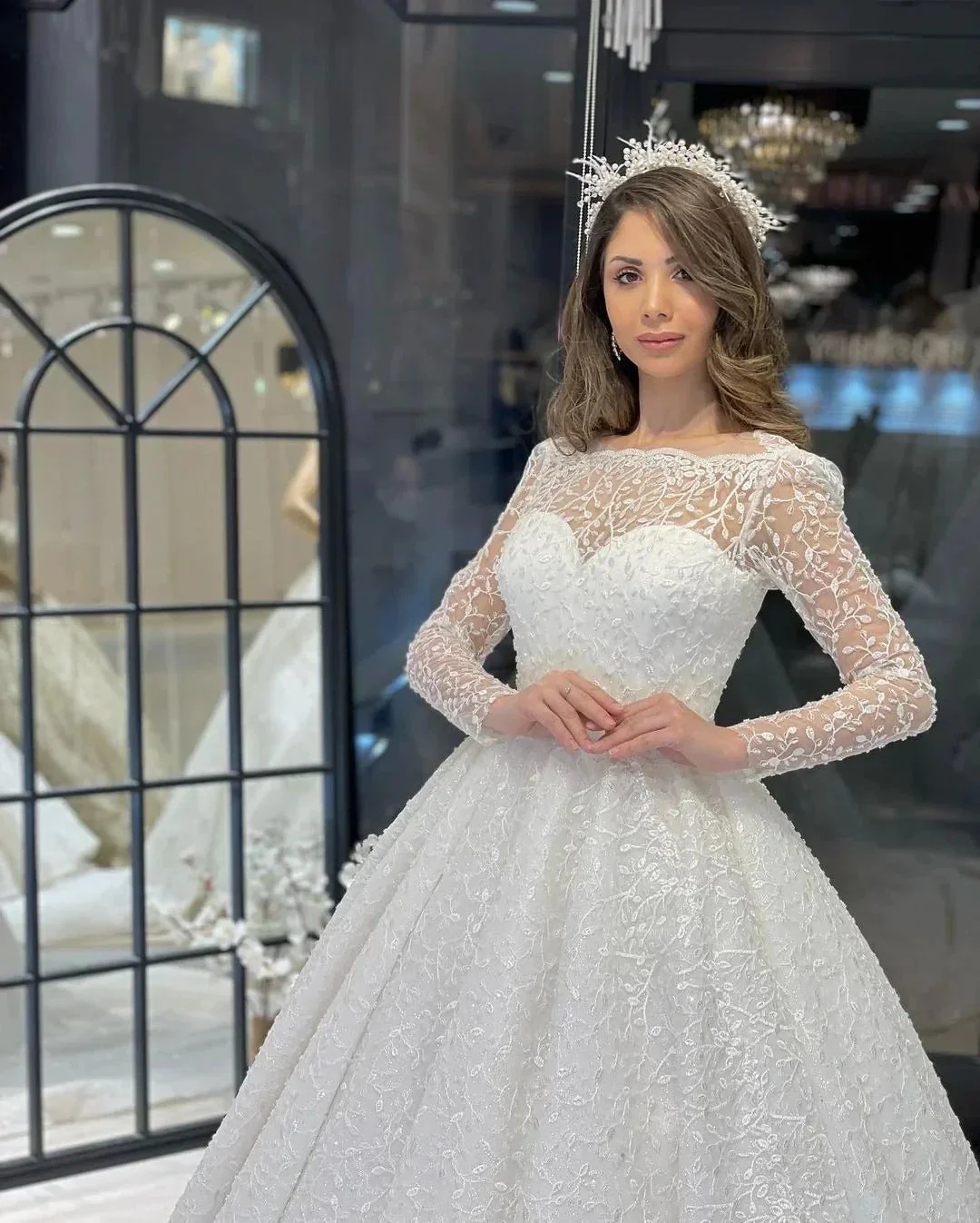 Deluxe Floor Length Long Sleeves A-Line Lace Wedding Dress with Ruffles - Image 6
