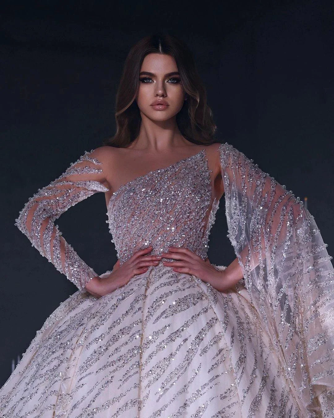 Deluxe Floor Length One-Shoulder A-Line Sequined Wedding Dress with Ruffles - Image 2