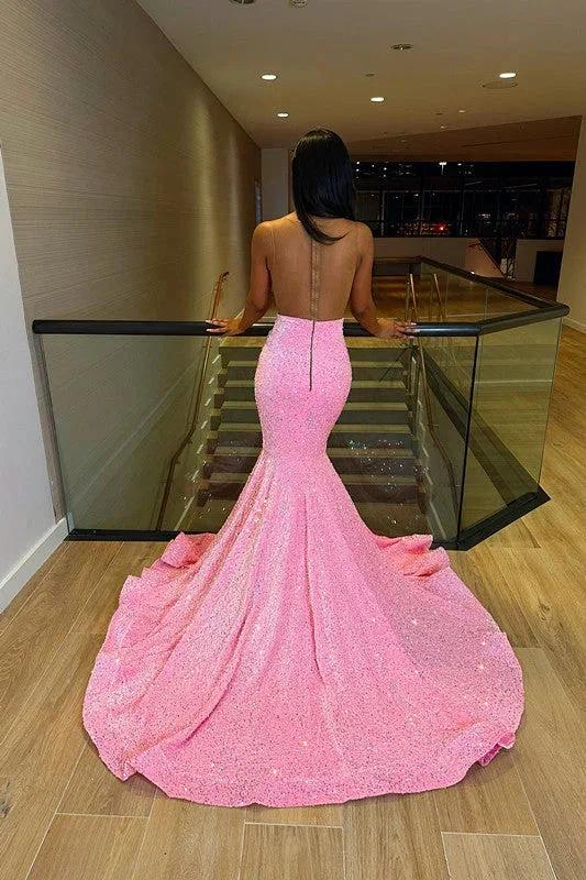 Deluxe Floor Length Sleeveless Mermaid Sequined Prom Dress with Ruffles - Image 2