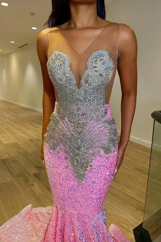 Deluxe Floor Length Sleeveless Mermaid Sequined Prom Dress with Ruffles - Image 3